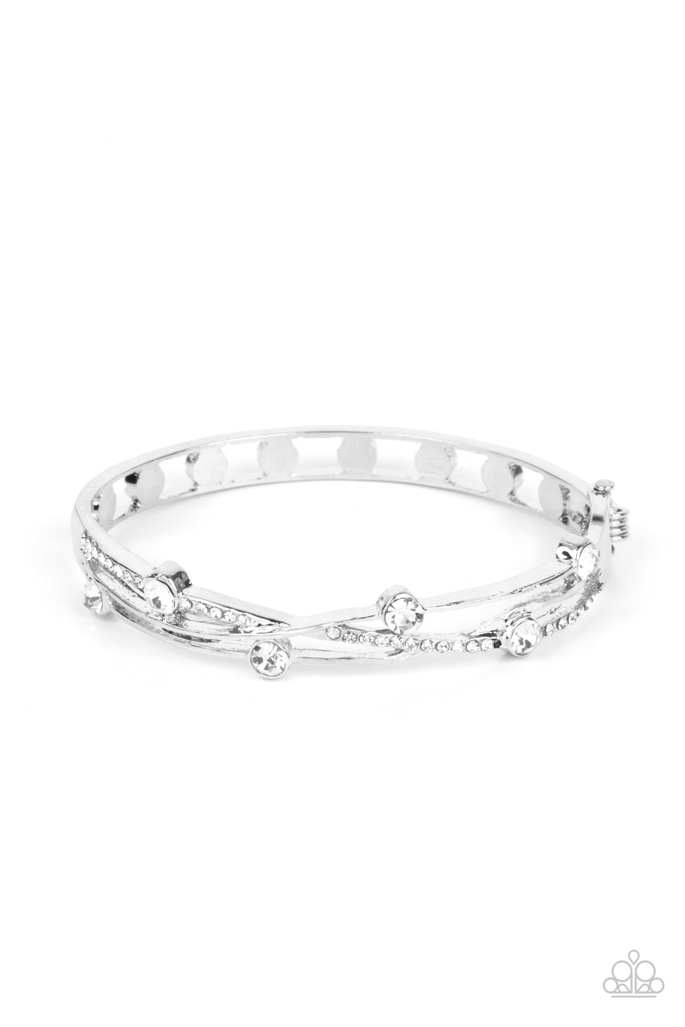 Slammin Sparkle - White and Silver Bracelet - Paparazzi Accessories - Dotted with glittery white rhinestones, smooth silver and white rhinestone dotted ribbons delicately intertwine into a decorative bangle-like bracelet around the wrist. Features a hinged closure.
