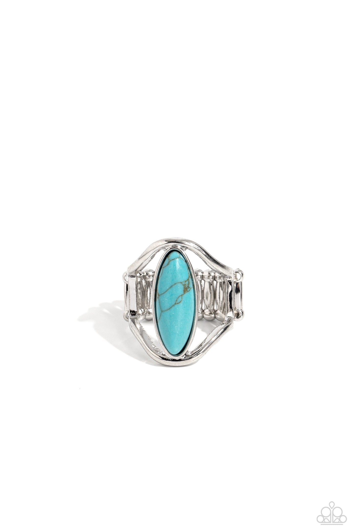 Spartan Stone - Blue Turquoise Ring - Paparazzi Accessories - An elongated turquoise oval stone sits between two shiny silver bands that arc around it, creating the illusion of a floating southwestern centerpiece. Features a stretchy band for a flexible fit.