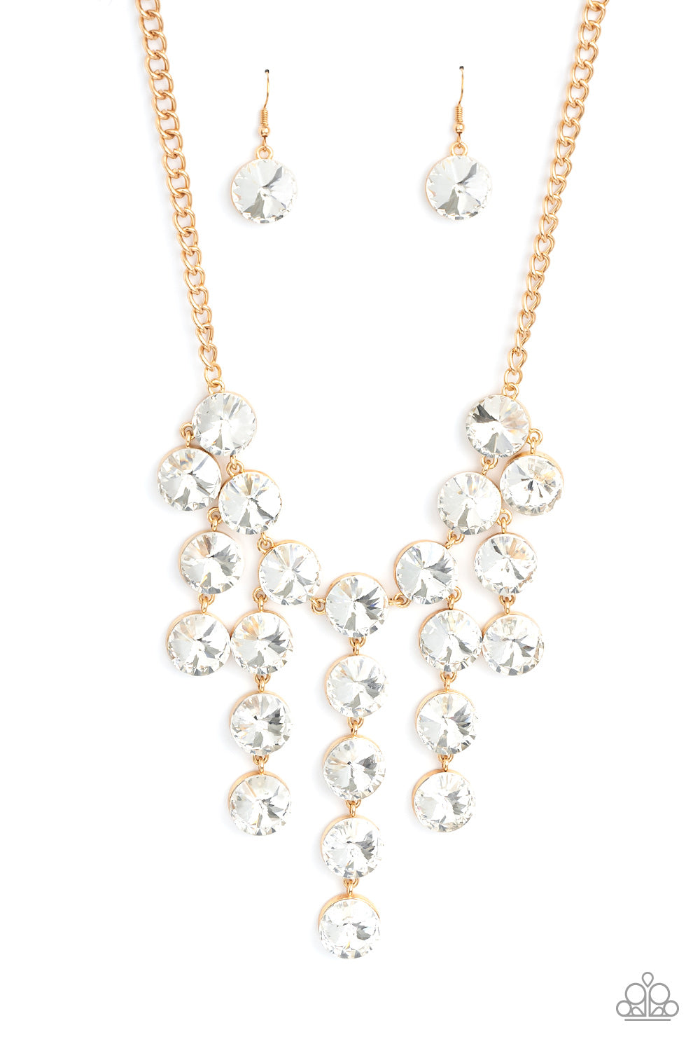 Spotlight Stunner - Gold Necklace - Paparazzi Accessories - Encased in glistening gold fittings, dramatically oversized white rhinestones delicately link into twinkly tassels that taper off into a jaw-dropping fringe below the collar.