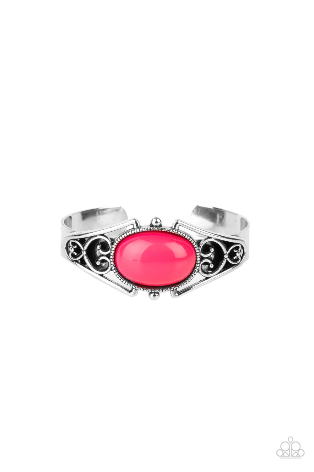 Springtime Trendsetter - Pink and Silver Bracelet - Paparazzi Accessories - A bubbly Raspberry Sorbet bead is nestled inside a silver filigree filled frame atop a dainty silver cuff, creating a whimsical centerpiece around the wrist. Sold as one individual bracelet.