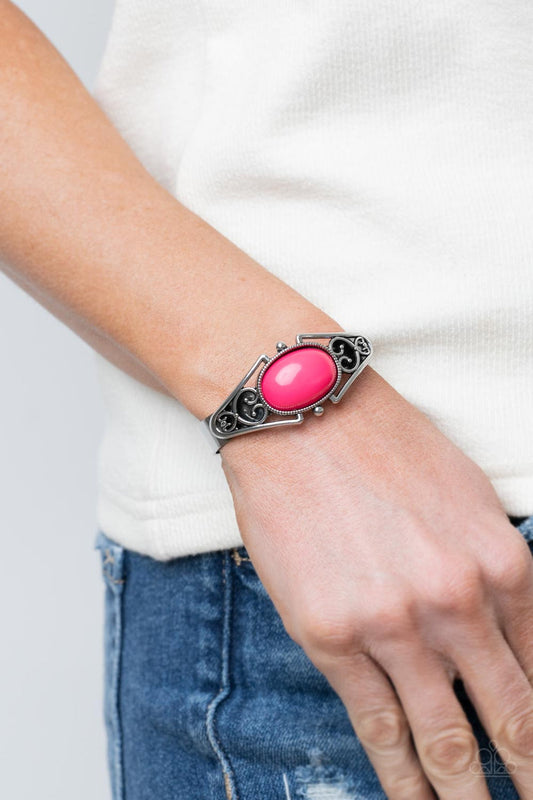 Springtime Trendsetter - Pink and Silver Bracelet - Paparazzi Accessories - A bubbly Raspberry Sorbet bead is nestled inside a silver filigree filled frame atop a dainty silver cuff, creating a whimsical centerpiece around the wrist. Sold as one individual bracelet.