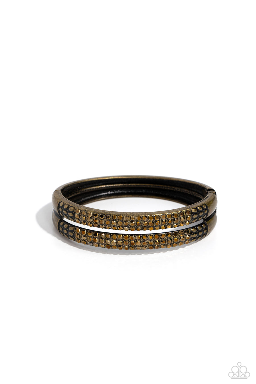 STACKED Up - Brass Bracelet - Paparazzi Accessories - Three rows of dainty aurum rhinestones are encrusted along two thick brass layers as they stack upon the wrist. Rows of studded brass in a dot-motif border the glittery design for additional texture on the industrial showstopper.