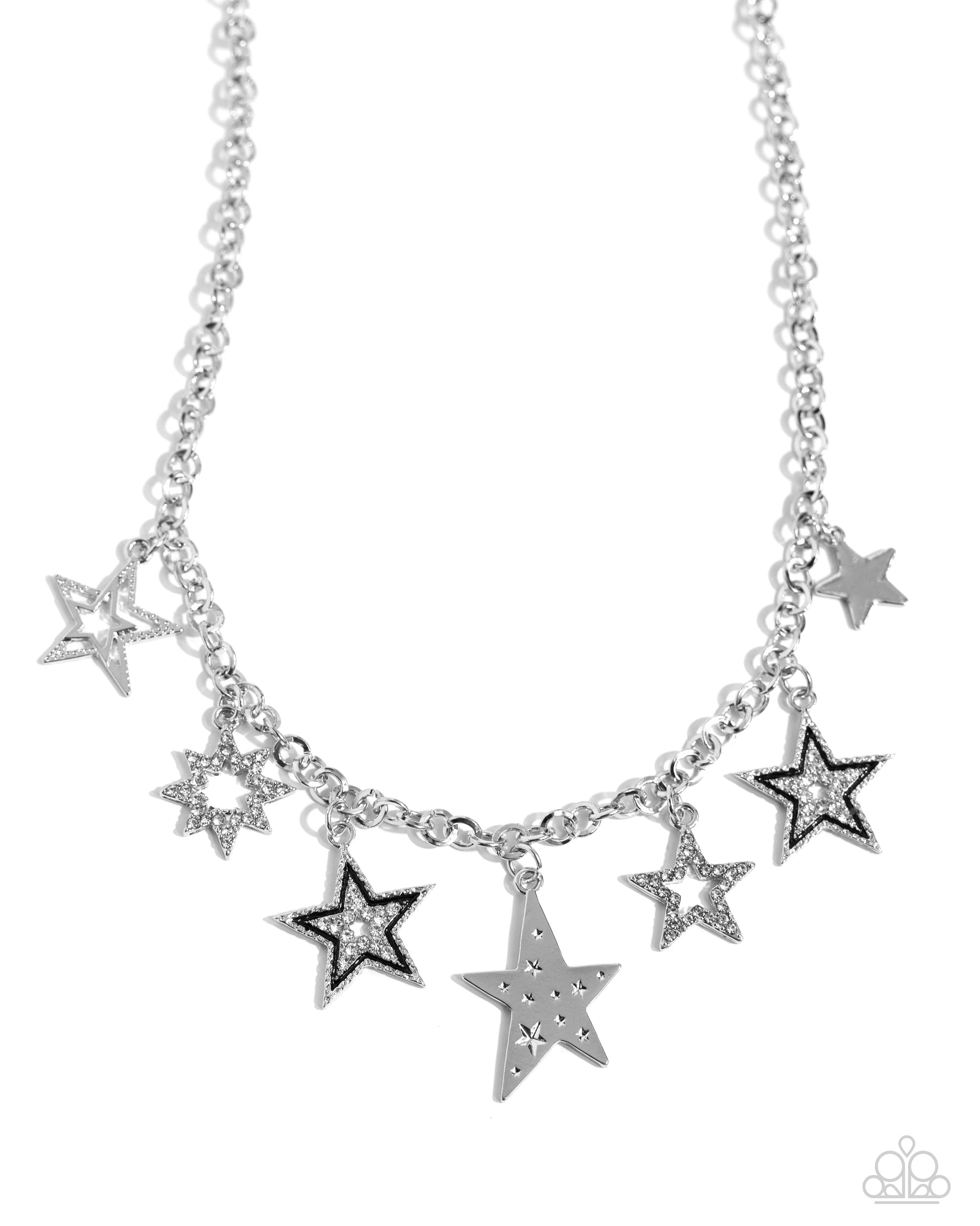 Starstruck Sentiment - Black and Silver Necklace - Paparazzi Accessories - Cascading from a classic silver chain, a collection of eclectic silver stars, some featuring white rhinestones, black-painted detailing, star-like texture, and layers, cascade around the neckline for a stellar statement.