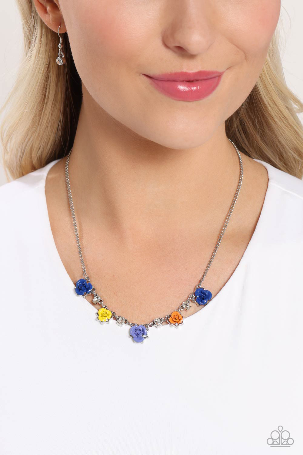 Strike a Rose - Multi Color Necklace - Paparazzi Accessories - Painted in Persian Jewel, High Visibility, French Blue, and orange hues, various metal roses delicately alternate with upside-down white teardrop gems across a dainty silver chain, blooming into a seasonal centerpiece.