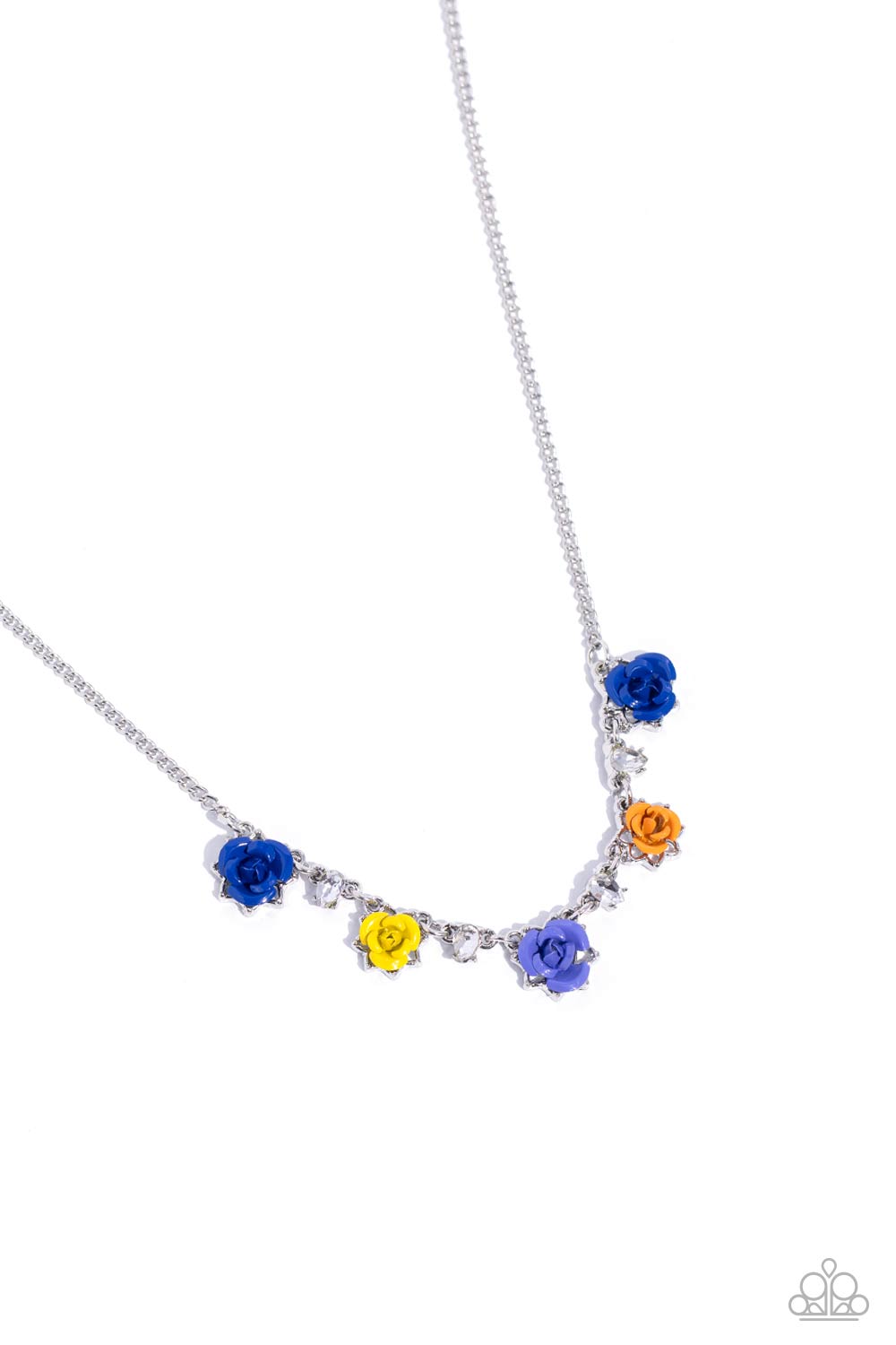 Strike a Rose - Multi Color Necklace - Paparazzi Accessories - Painted in Persian Jewel, High Visibility, French Blue, and orange hues, various metal roses delicately alternate with upside-down white teardrop gems across a dainty silver chain, blooming into a seasonal centerpiece.