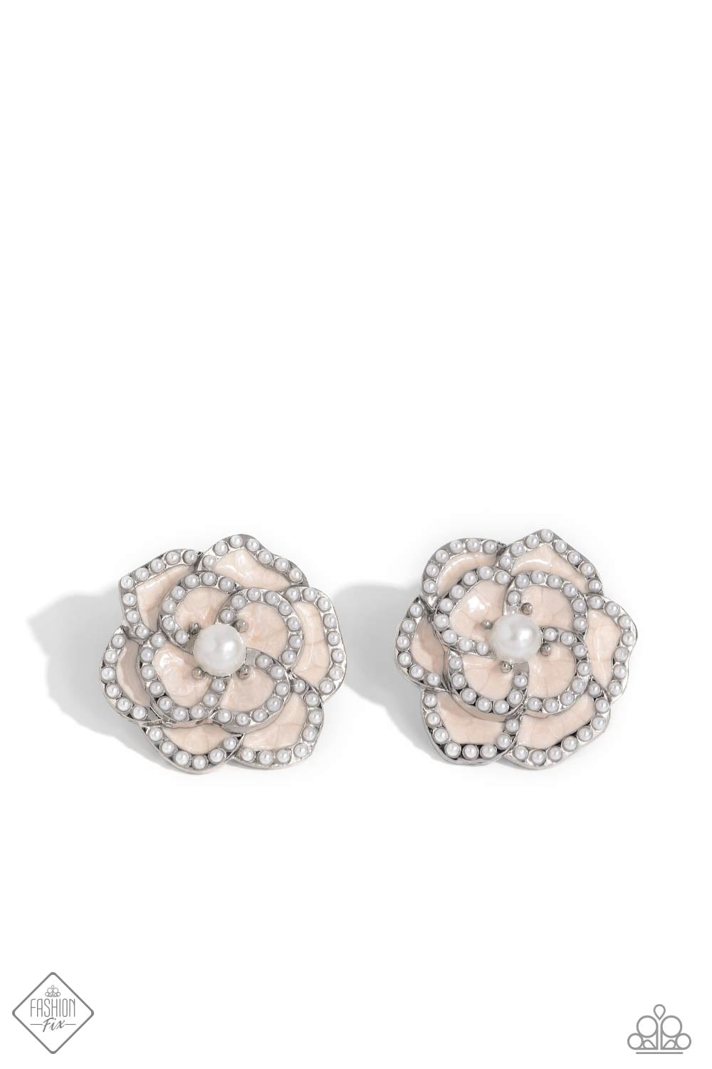 Suave Sensation - White Pearl Earrings - Paparazzi Accessories - Layers of Tender Peach pearl-painted, heart-shaped petals curve around a white pearl center, creating an airy three-dimensional flower. Dainty white pearls dot along each curved petal adding refinement to the whimsical frame. Earring attaches to a standard post fitting. Sold as one pair of post earrings.