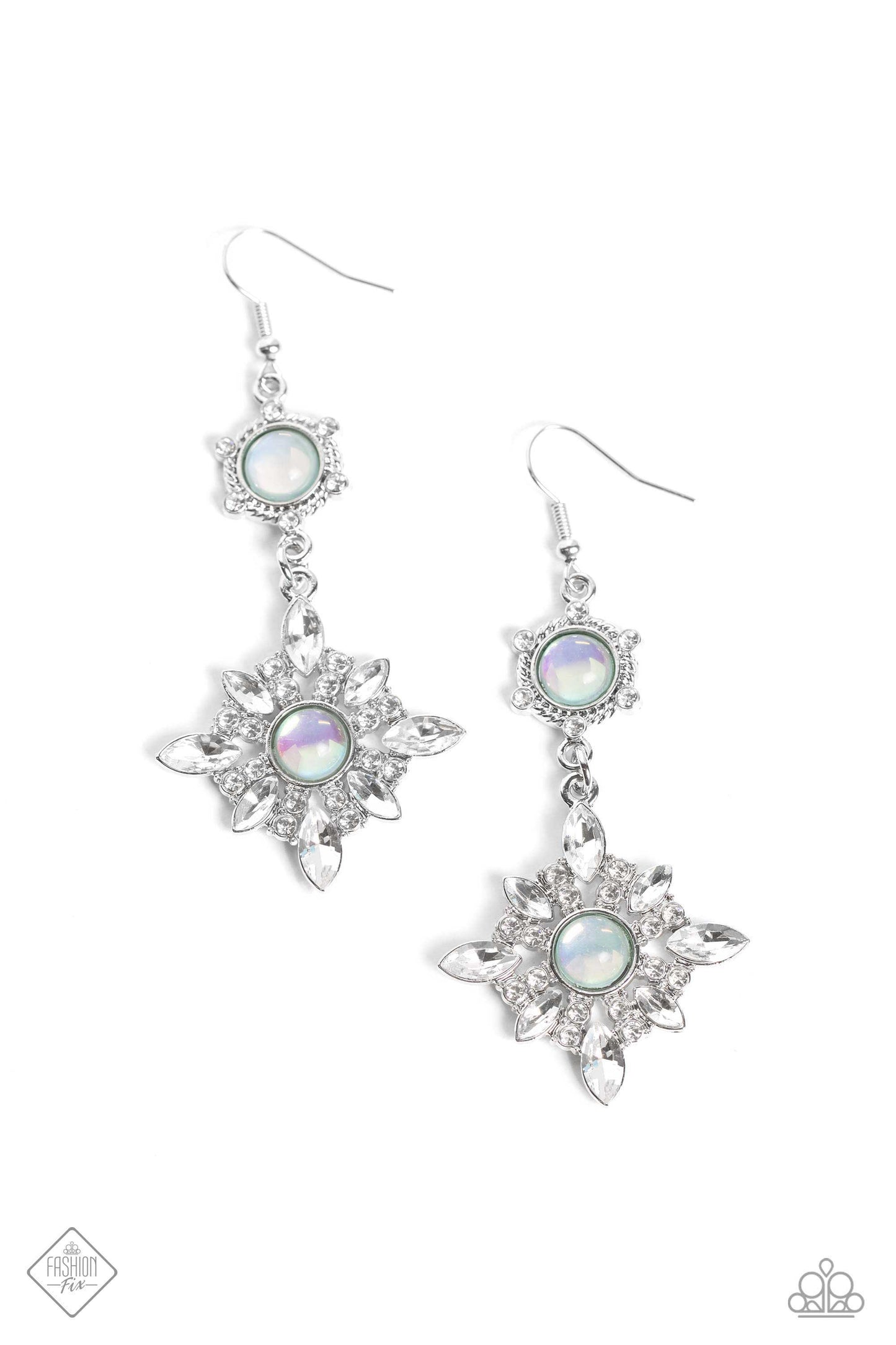 Summer DAZE - Green and Silver Earrings - Paparazzi Accessories - A spiral-textured silver frame featuring dainty white rhinestone accents and a glassy opalescent green bead center anchors a dazzling floral frame. The white marquise-cut gem petals and glassy opalescent center are accented by stacked white rhinestones, highlighting the handcrafted features and sheen of the design.