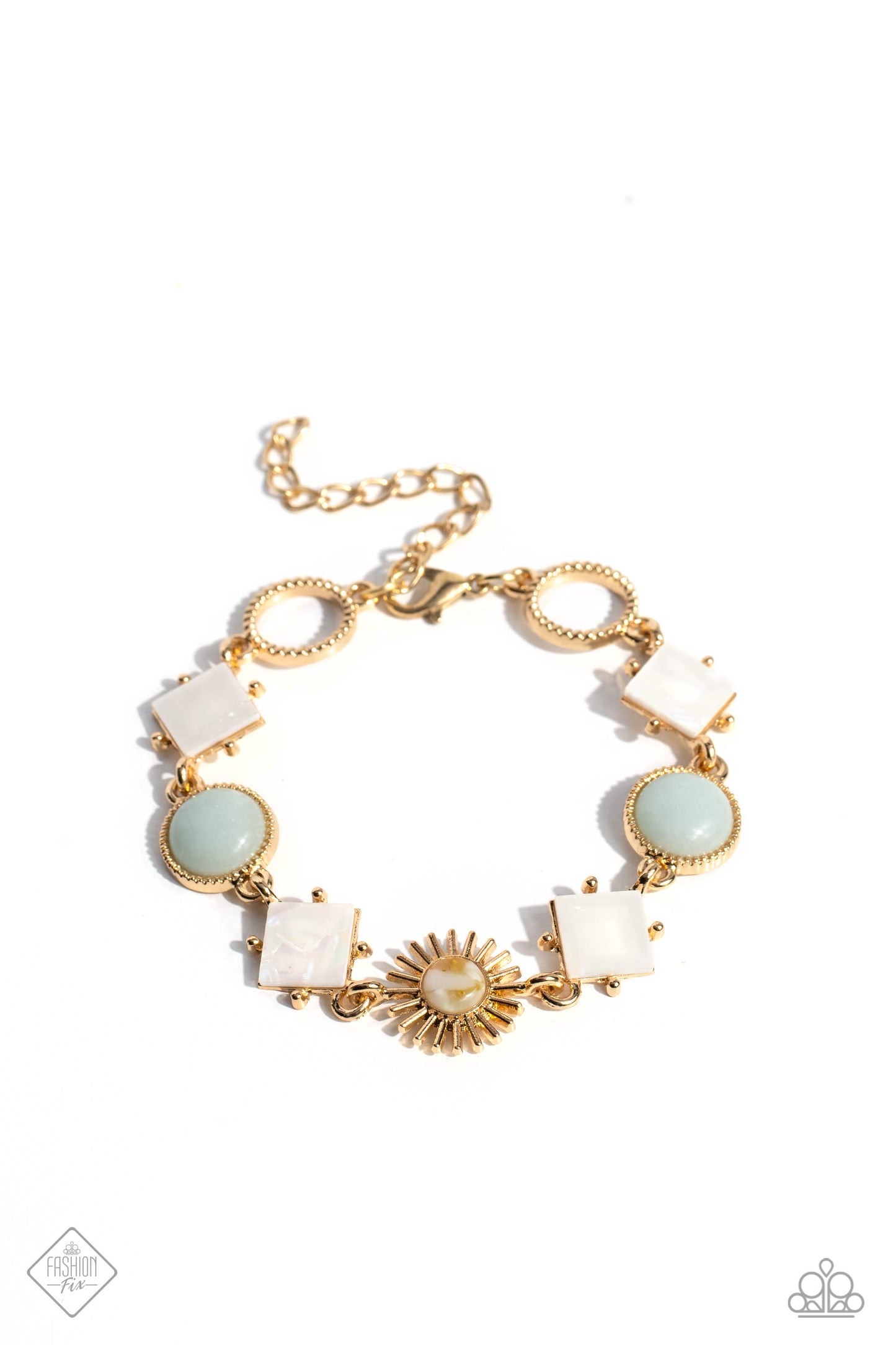 Sunburst Splendor - Gold Bracelet - Paparazzi Accessories - White shells tilted on point, muted blue stones, textured gold circles, and radiating gold sunbursts with multicolored stone centers link around the wrist, creating an earthy display. Each element is wrapped in a gold fitting, magnifying the warm sheen of the design.