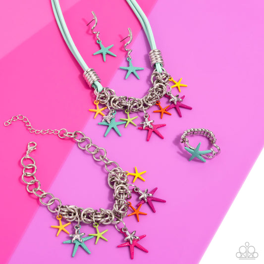 Sunset Sightings - Colorful Starfish Jewelry Set - Paparazzi Accessories - Includes one of each accessory featured in the Sunset Sightings Trend Blend in April's Fashion Fix: STARFISH Me Luck - Multi Necklace, Written in the STARFISH - Blue Post Earrings, Dancing With The STARFISH - Multi Bracelet, and Wish Upon A STARFISH - Blue Ring.