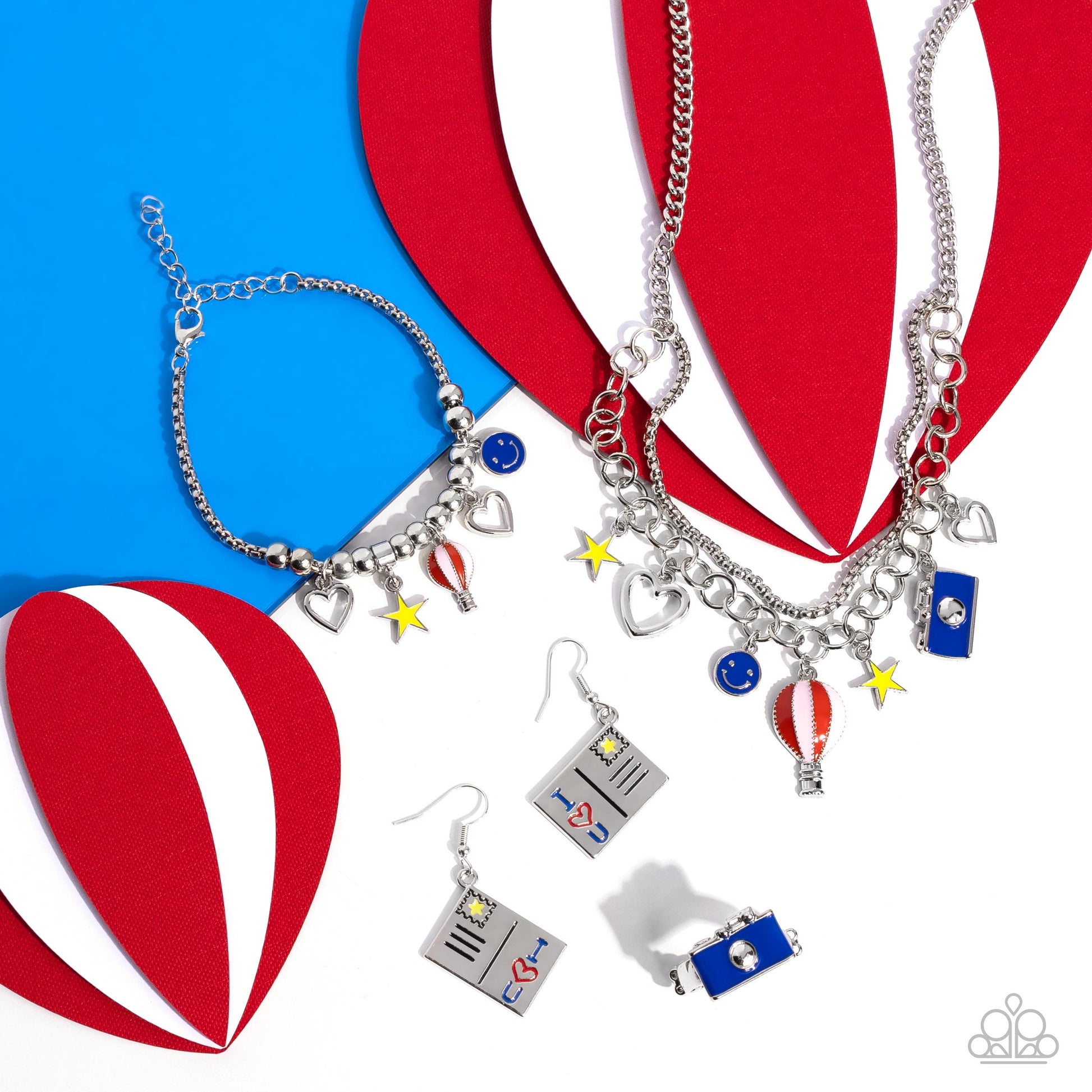 Sunset Sightings Fashion Fix Set - Multi Color Jewelry - Paparazzi Accessories - Includes one of each accessory featured in the Sunset Sightings Trend Blend in February's Fashion Fix: Tourist Timeline - Multi Necklace, Tourist Tradition - Multi Earrings, Tourist Trimmings - Multi Bracelet, and Tourist Timestamp - Blue Ring.  Fueled by abstract designs and funky combinations of the most daring trends, the Sunset Sightings Collection features audacious, outside-the-box fashion.