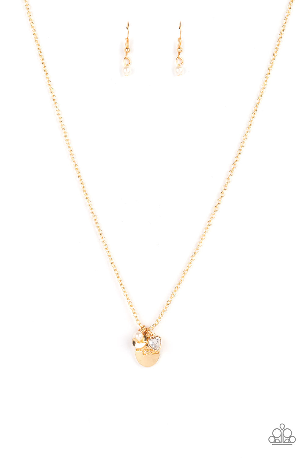 Super Mom - Gold Fashion Necklace - Paparazzi Accessories - A whimsical charm collection including, a white pearl, glittery rhinestone heart, a dainty gold disc stamped in the word, "Mom," and a gold pendant stamped in the motivational phrase, "Do all things with love," delicately glide along a dainty gold chain below the collar for an endearing fashion.