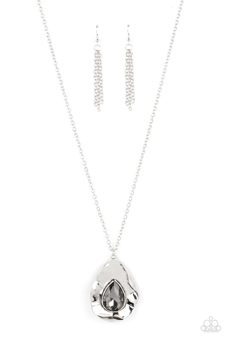 Surrealist Sparkle - Silver Necklace - Paparazzi Accessories - A warped silver frame gently folds around an oversized smoky teardrop gem center, resulting in a gritty yet glamorous pendant at the bottom of a lengthened silver chain. Features an adjustable clasp closure. Sold as one individual necklace.