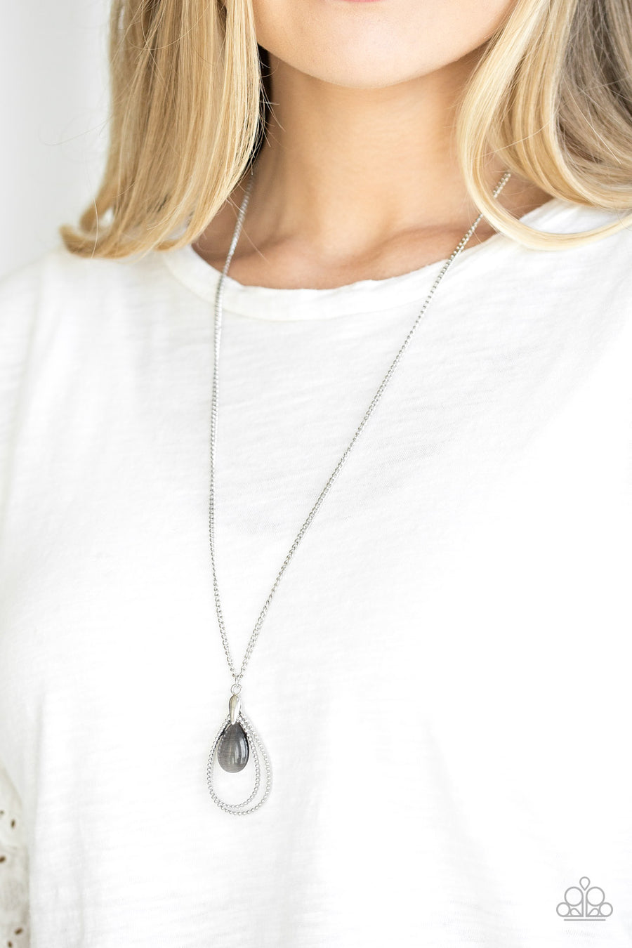 Teardrop Tranquility - Black and Silver Necklace - Paparazzi Accessories - Studded silver teardrops swing from the bottom of a shimmery silver chain. A glowing black moonstone attaches to the innermost frame, creating a whimsical pendant.