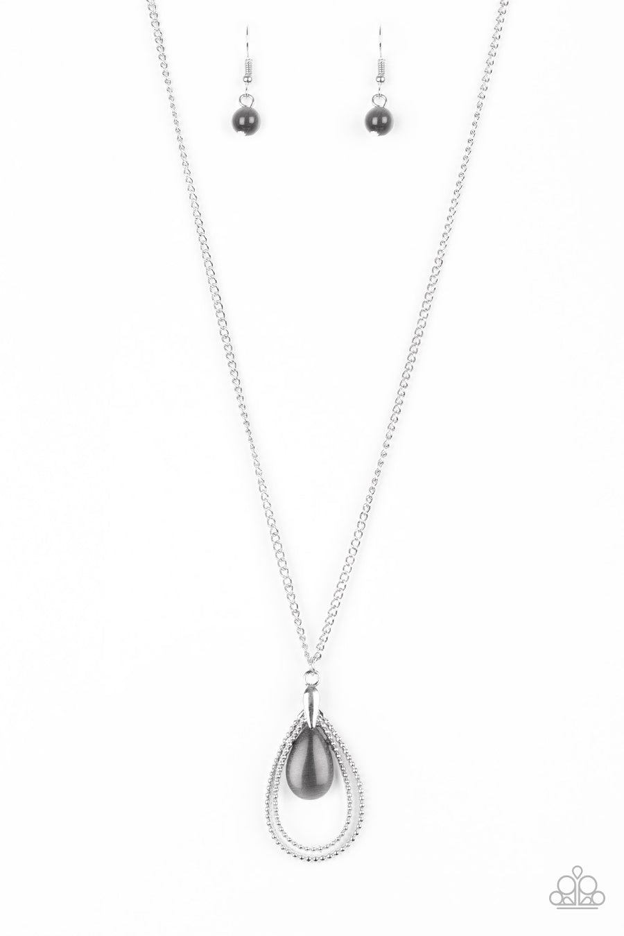 Teardrop Tranquility - Black and Silver Necklace - Paparazzi Accessories - Studded silver teardrops swing from the bottom of a shimmery silver chain. A glowing black moonstone attaches to the innermost frame, creating a whimsical pendant.