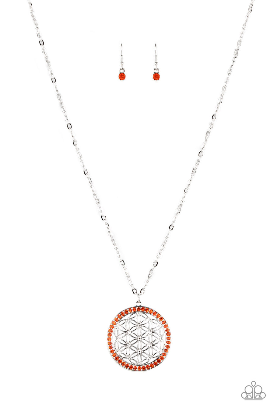 Tearoom Twinkle - Orange and Silver Necklace - Paparazzi Accessories - Bright dainty Sun Orange rhinestones create a brilliant round frame brimming with airy floral petals, coalescing into a charming medallion that sways from the bottom of a lengthened silver chain.