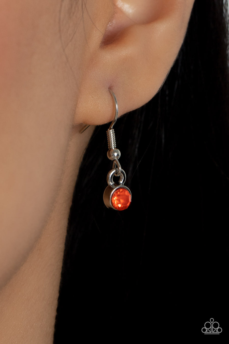 Tearoom Twinkle - Orange and Silver Necklace - Paparazzi Accessories - Bright dainty Sun Orange rhinestones create a brilliant round frame brimming with airy floral petals, coalescing into a charming medallion that sways from the bottom of a lengthened silver chain.