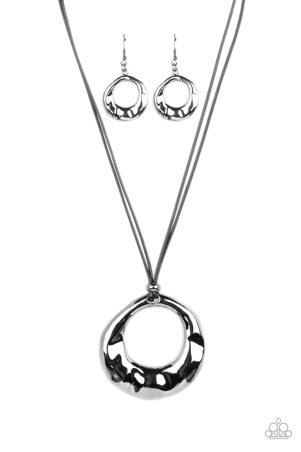 Tectonic Treasure - Black Gunmetal Necklace - Paparazzi Accessories - An oversized, oblong, gunmetal hoop rippling with hammered textures swings from the bottom of a collection of black cording. A single gunmetal bead glides down the bottom of the cording for a dramatic industrial look, anchoring the cording to the hoop.