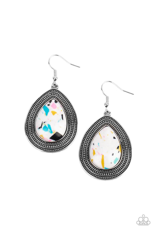 Terrazzo Tundra - Multi Earrings - Paparazzi Accessories - Featuring a colorful terrazzo pattern, a white teardrop stone is pressed into the center of a silver frame studded and embossed in borders of tribal inspired textures.
