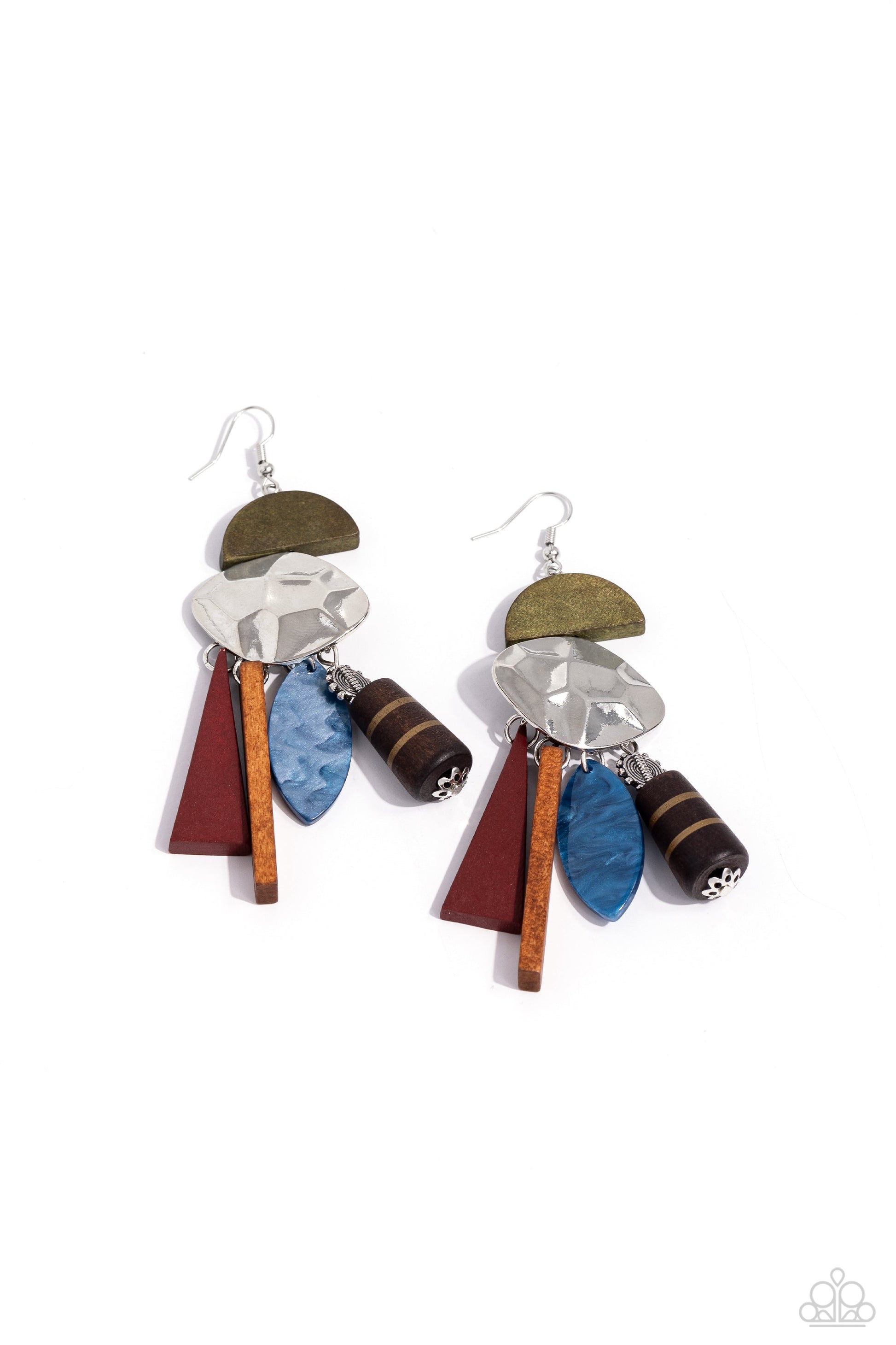 Textured Talisman - Multi Color Earrings - Paparazzi Accessories - Featuring a variety of textures, patterns, and sheens, green half-moon and hammered abstract frames stack into an exotic-inspired lure. Textured, striped, shell, acrylic, and wooden accents in a motley of colors dangle from the stacked lure for a trendy fringe.