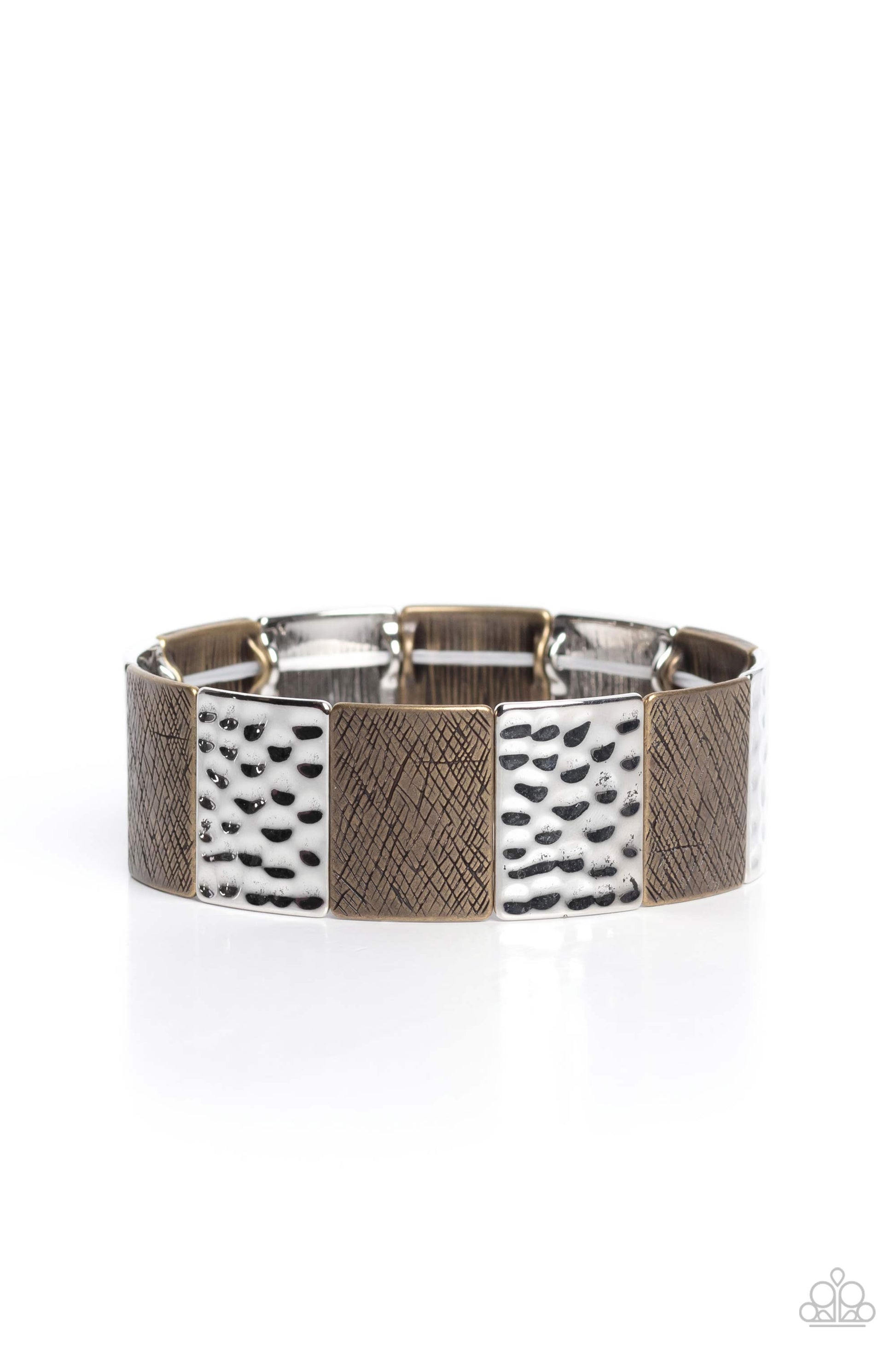 Textured Traveler - Multi Metal Bracelet - Paparazzi Accessories - Silver plates featuring hammered textures and brass plates featuring abstract, stamped, linear textures alternate between one another as they wrap around the wrist on elastic stretchy bands for a dramatic statement piece. Sold as one individual bracelet.