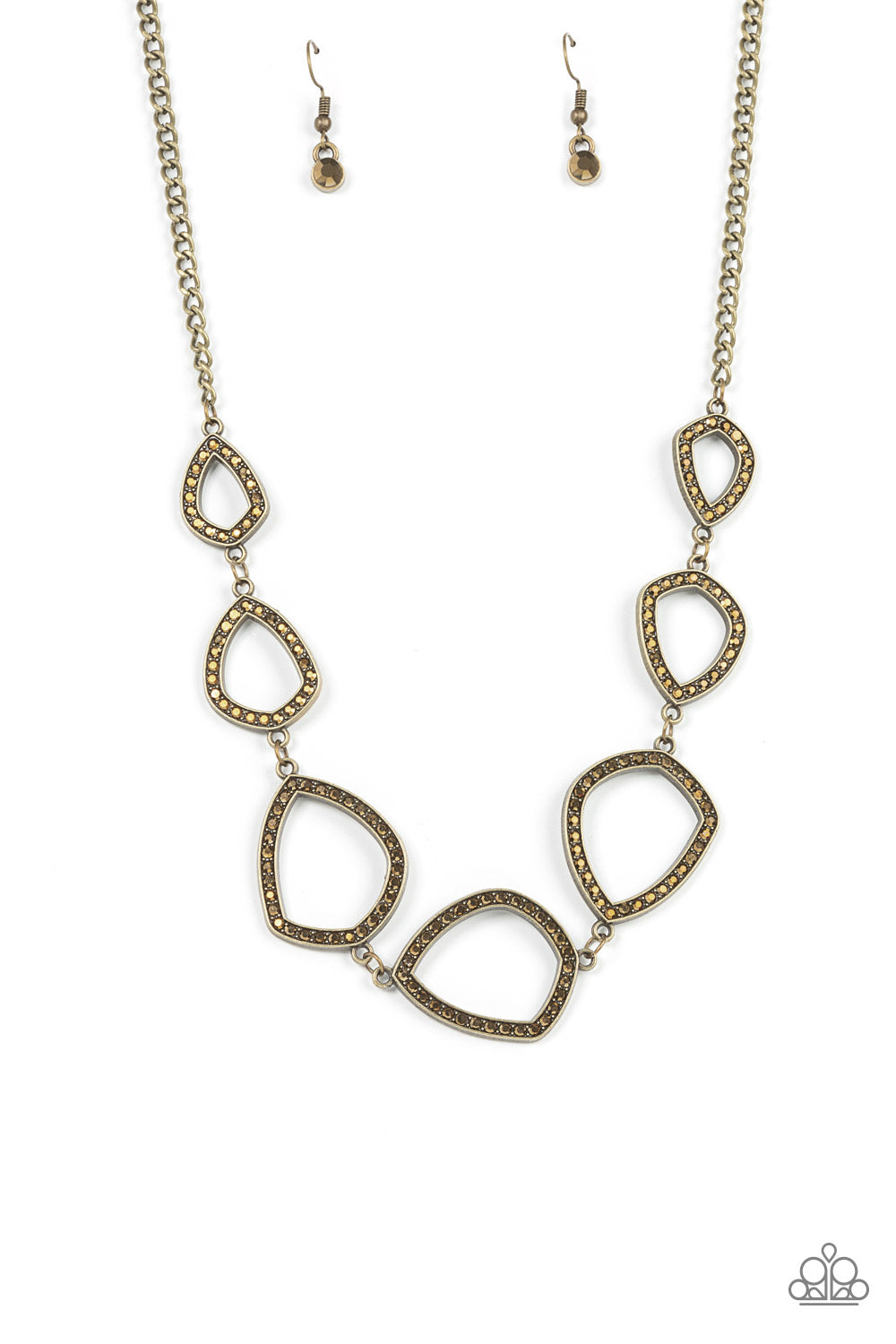 The Real Deal - Brass Necklace - Paparazzi Accessories - Encrusted in glitzy aurum rhinestones, asymmetrical teardrop and geometric brass frames delicately link below the collar for an edgy flair.