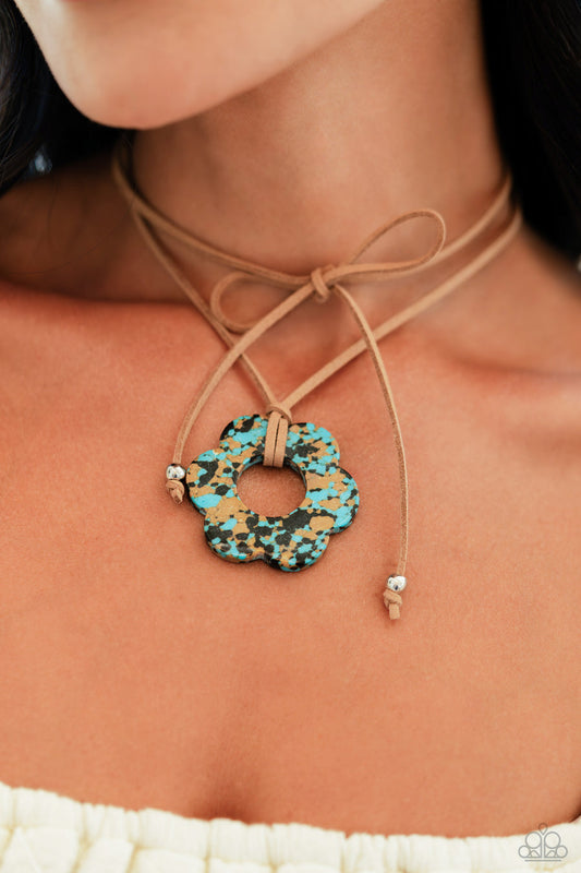 Tied Triumph - Brown Necklace - Paparazzi Accessories - Featuring brown and black marbling, an airy turquoise flower is knotted at the bottom of a lengthened strand of brown suede for a southwestern-inspired statement. Features an adjustable tie closure.