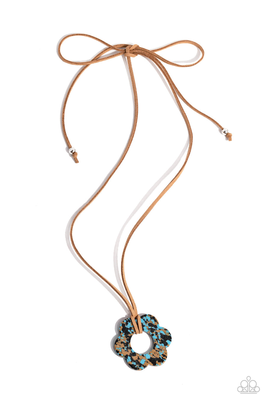 Tied Triumph - Brown Necklace - Paparazzi Accessories - Featuring brown and black marbling, an airy turquoise flower is knotted at the bottom of a lengthened strand of brown suede for a southwestern-inspired statement. Features an adjustable tie closure.