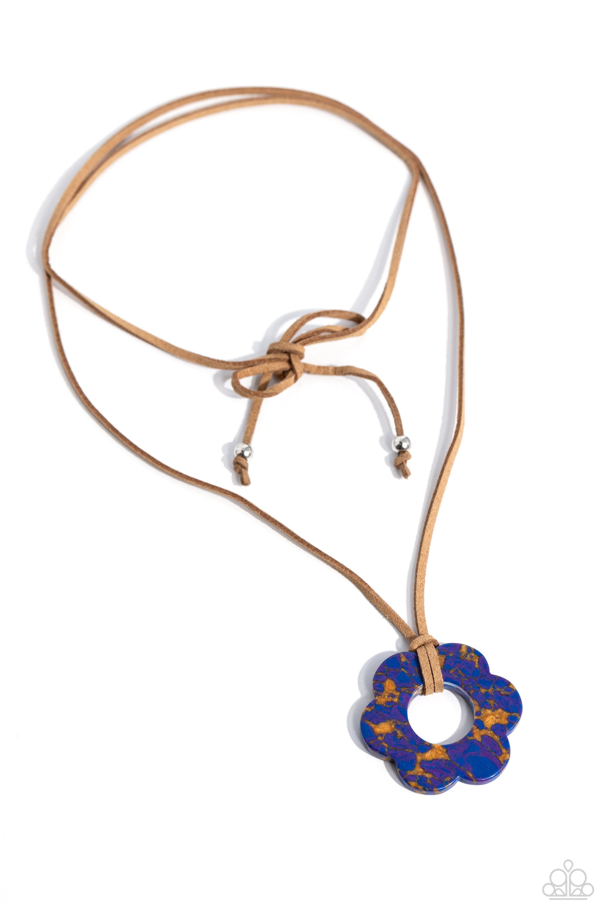 Tied Triumph - Purple Flower Necklace - Paparazzi Accessories - Featuring purple and brown marbling, an airy blue flower is knotted at the bottom of a lengthened strand of brown suede for a southwestern-inspired statement. Features an adjustable tie closure.
