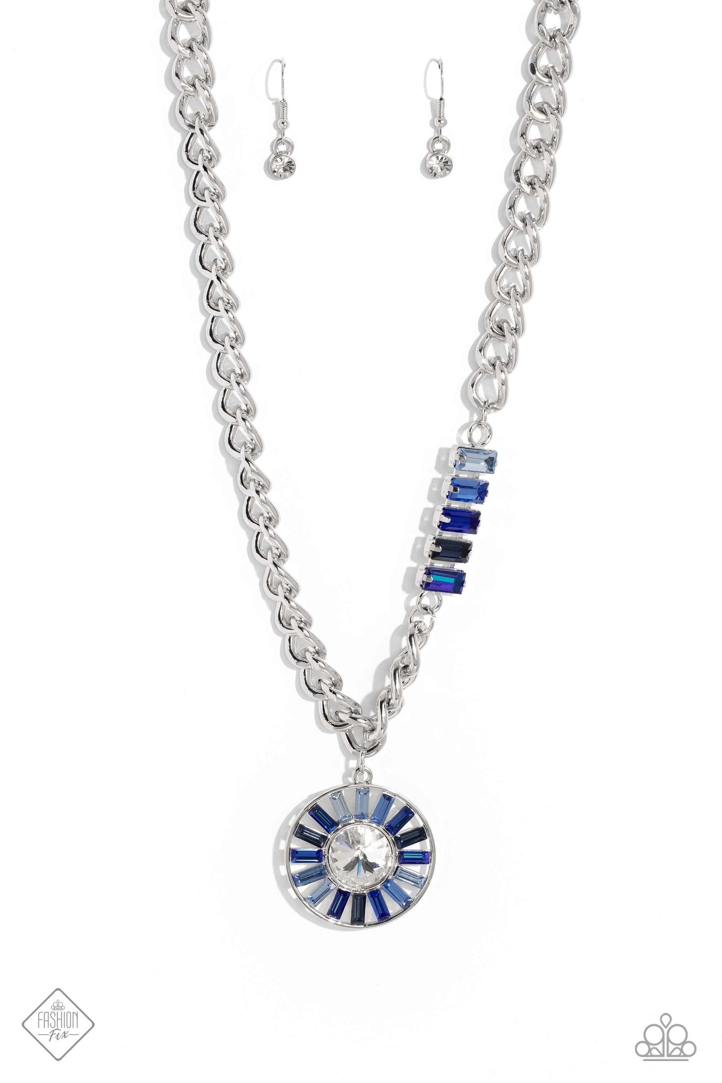 Tiered Talent - Blue and Silver Necklace - Paparazzi Accessories - An exaggerated white gem is encircled by a collection of emerald-cut gems in varying shades of blue, creating a hypnotic pendant that swings from a thick silver curb chain. Five additional emerald-cut gems in the same tranquil spectrum of blue climb one side of the neckline, adding an unexpected splash of color to the bold design.