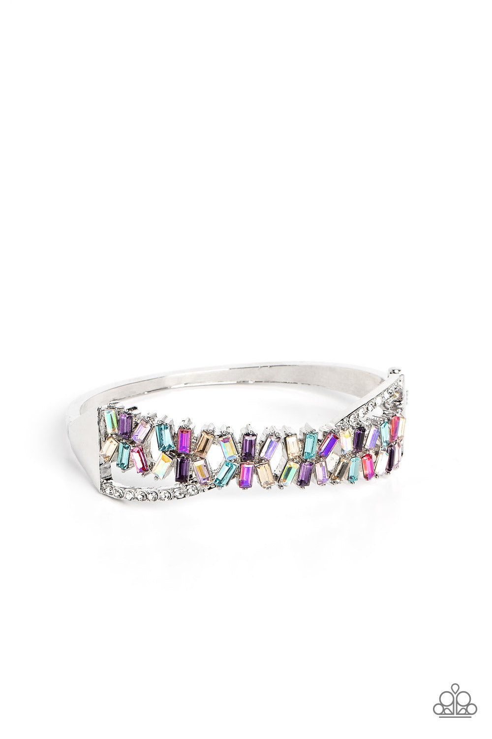 Timeless Trifecta - Multi Color Hinge Closure Bracelet - Paparazzi Accessories - Modeled after the infinity symbol curves, a row of dainty white rhinestones playfully interacts with emerald-cut gems splashed in shades of amethyst, light blue, pink, smoked topaz, and iridescence. Set in clusters of three, the emerald-cuts haphazardly stack on top of one another for a timeless, geometric radiance atop the wrist.