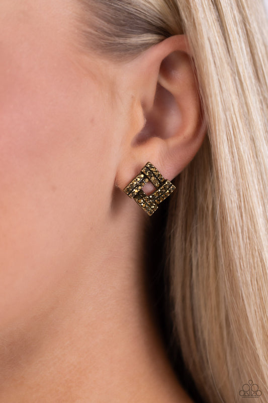 Times Square Scandalous - Brass Earrings - Paparazzi Accessories - Dotted in dainty aurum rhinestones, curved rows of brass bars delicately overlap into a stunning square frame.