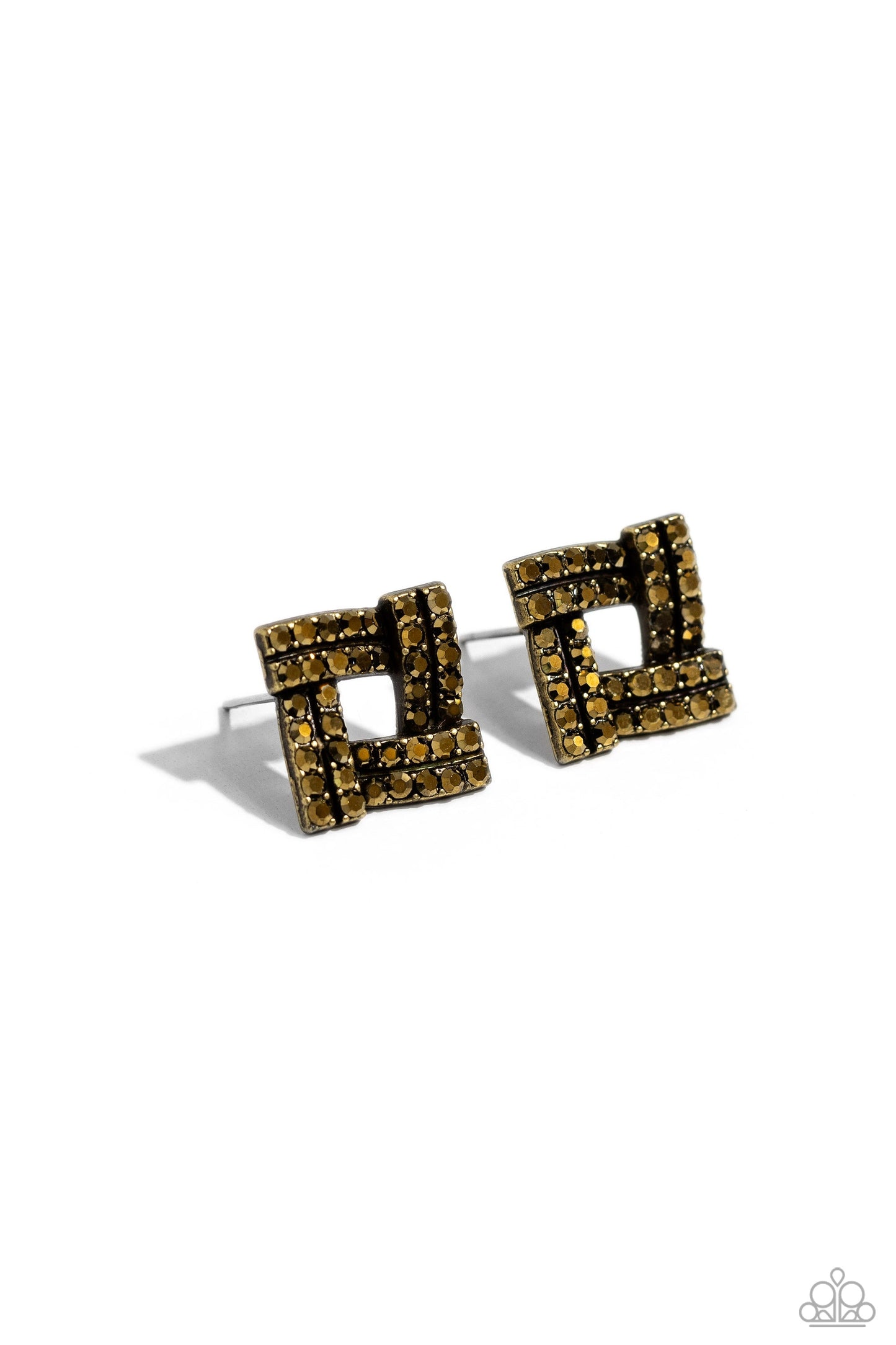 Times Square Scandalous - Brass Earrings - Paparazzi Accessories - Dotted in dainty aurum rhinestones, curved rows of brass bars delicately overlap into a stunning square frame.