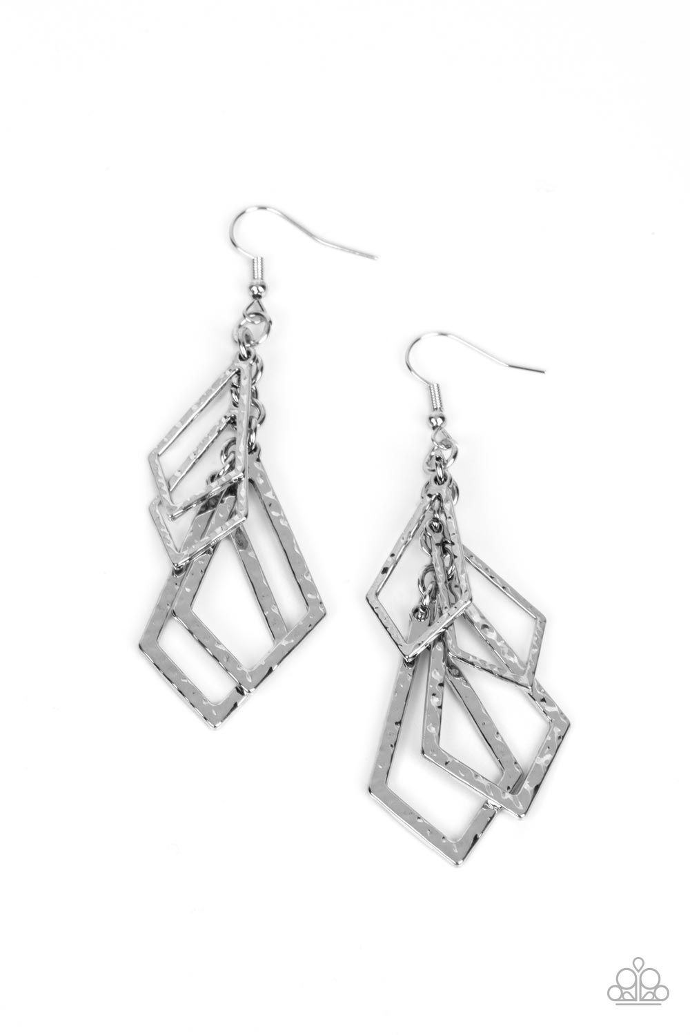 Totally TERRA-ific - Silver Earrings - Paparazzi Accessories - Hammered trapezoidal silver frames trickle from a dainty silver chain, cascading into an edgy geometric tassel. Earring attaches to a standard fishhook fitting.