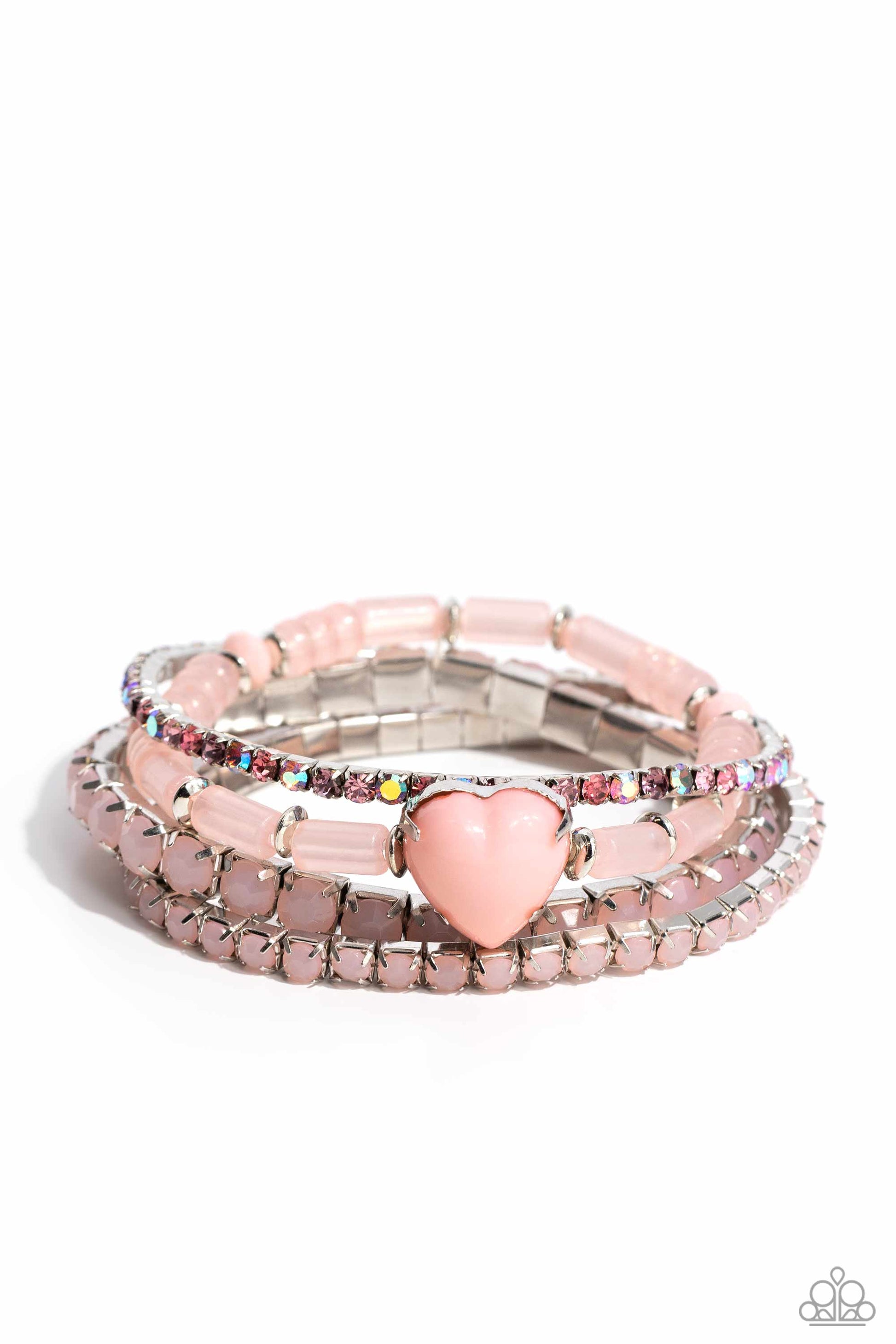"True Loves Theme - Pink Heart Bracelets - Paparazzi Accessories - Pronged in silver fittings, a Crystal Rose heart bracelet is infused along a milky Crystal Rose-beaded bracelet. Multicolored pink rhinestones and Crystal Rose beads are set in square box fittings creating a dramatic collision of color and shimmer."