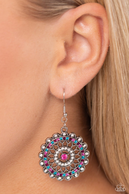 Twinkly Translation - Multi Color Earrings - Paparazzi Accessories - Dotted with a glittery Fuchsia Fedora rhinestone center, rings of glassy white and sparkly multicolored rhinestones radiate from airy silver petals inside of a white rhinestone petaled frame for a twinkly floral finish.