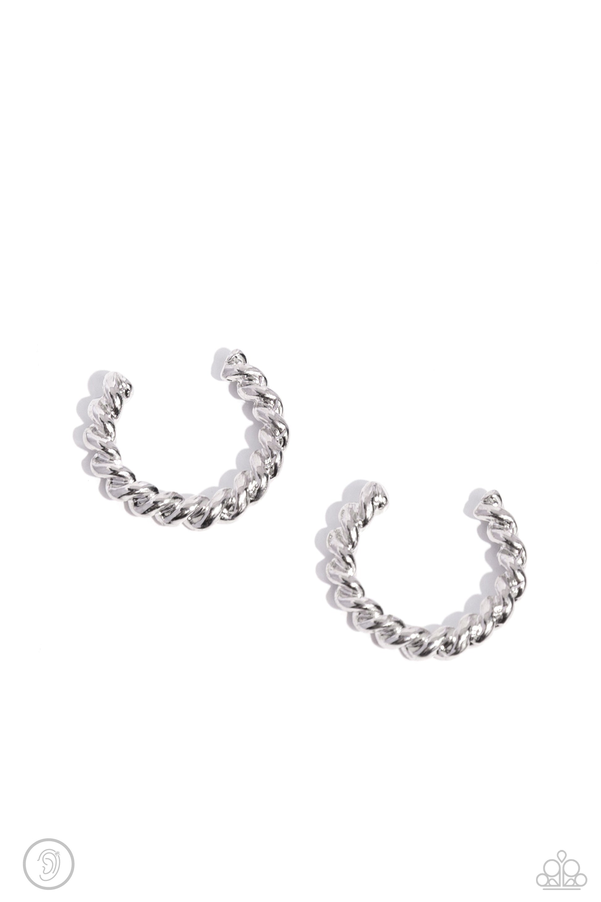 Twisted Travel - Silver Cuff Earrings - Paparazzi Accessories - Featuring a high sheen, a thin bar of silver twists and curves around the ear to create a wreath-like, adjustable, one-size-fits-all cuff. Sold as one pair of cuff earrings.