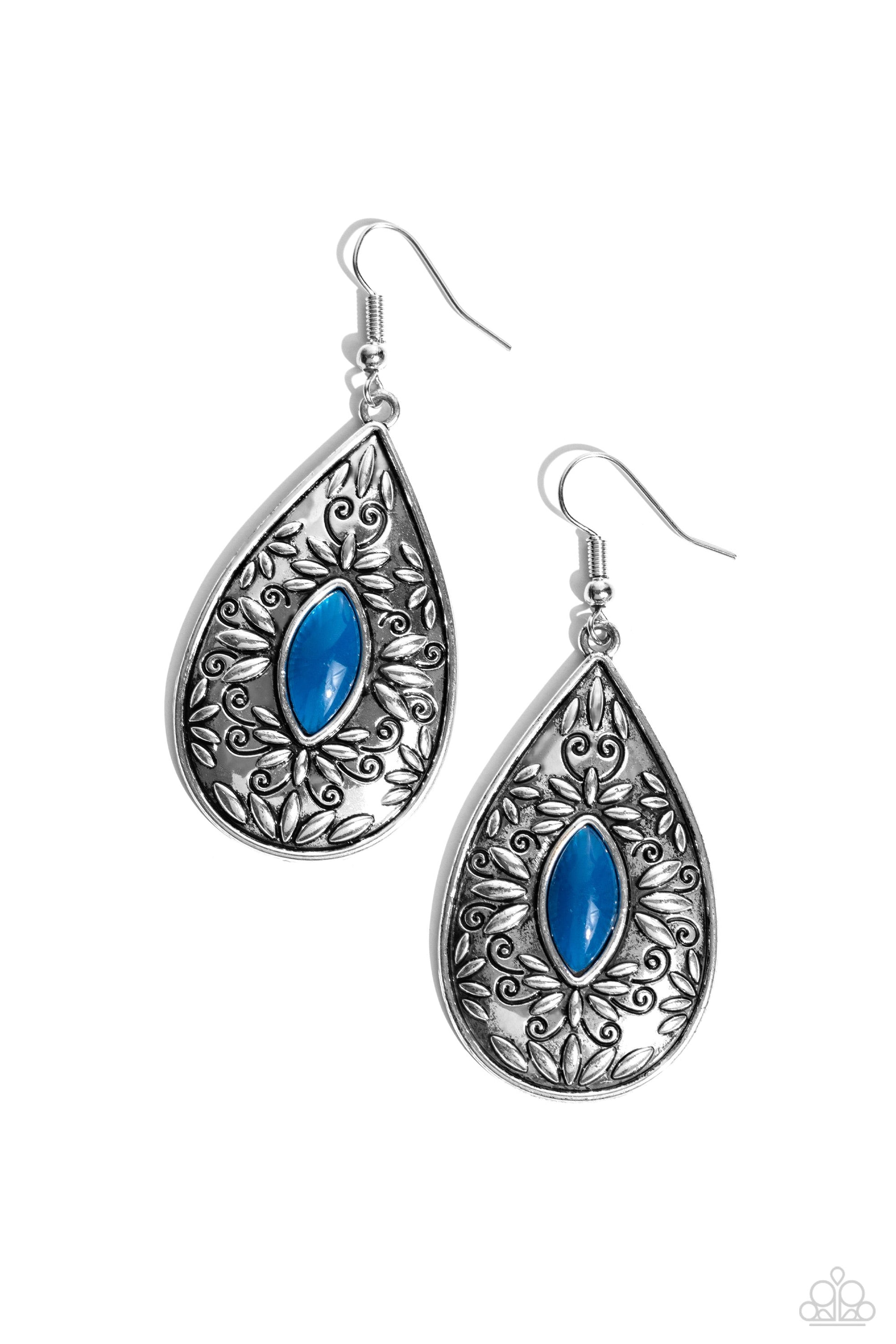 Two PERENNIALS in a Pod - Blue and Silver Earrings - Paparazzi Accessories - A marquise shaped Mykonos Blue bead is pressed into the center of a rustic silver frame stamped and embossed in floral details, creating a seasonal pop of color.