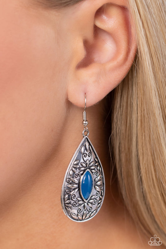 Two PERENNIALS in a Pod - Blue and Silver Earrings - Paparazzi Accessories - A marquise shaped Mykonos Blue bead is pressed into the center of a rustic silver frame stamped and embossed in floral details, creating a seasonal pop of color.