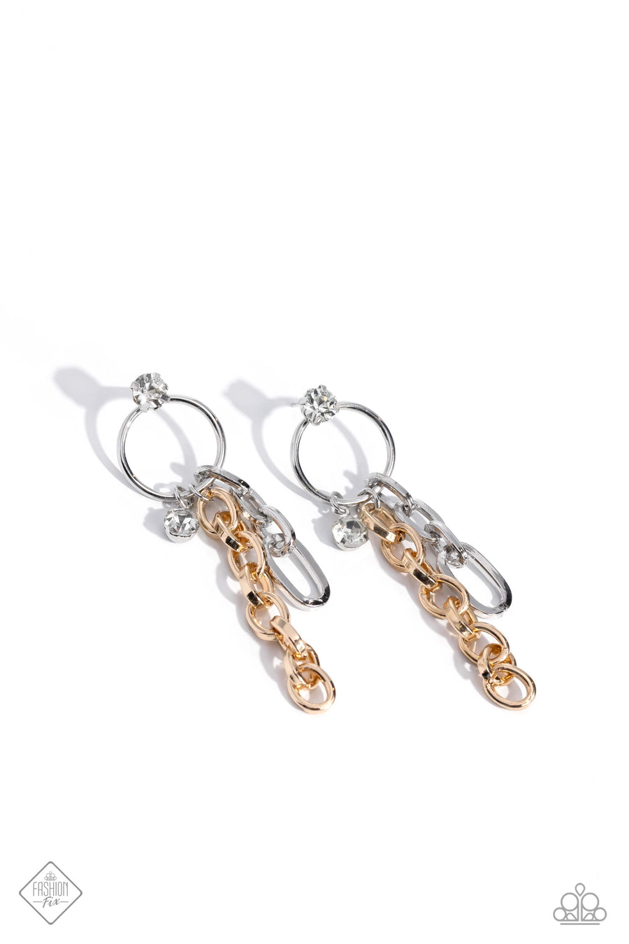 Two-Tone Trendsetter - Multi Metal Earrings - Paparazzi Accessories - A strand of oversized silver chain links slides along the bottom of a simple silver hoop, colliding with a solitaire rhinestone and a cascade of shimmery gold chain. A classic white rhinestone sits atop the silver hoop, anchoring the industrial mashup to a glitzy foundation. Earring attaches to a standard post fitting. Sold as one pair of post earrings.
