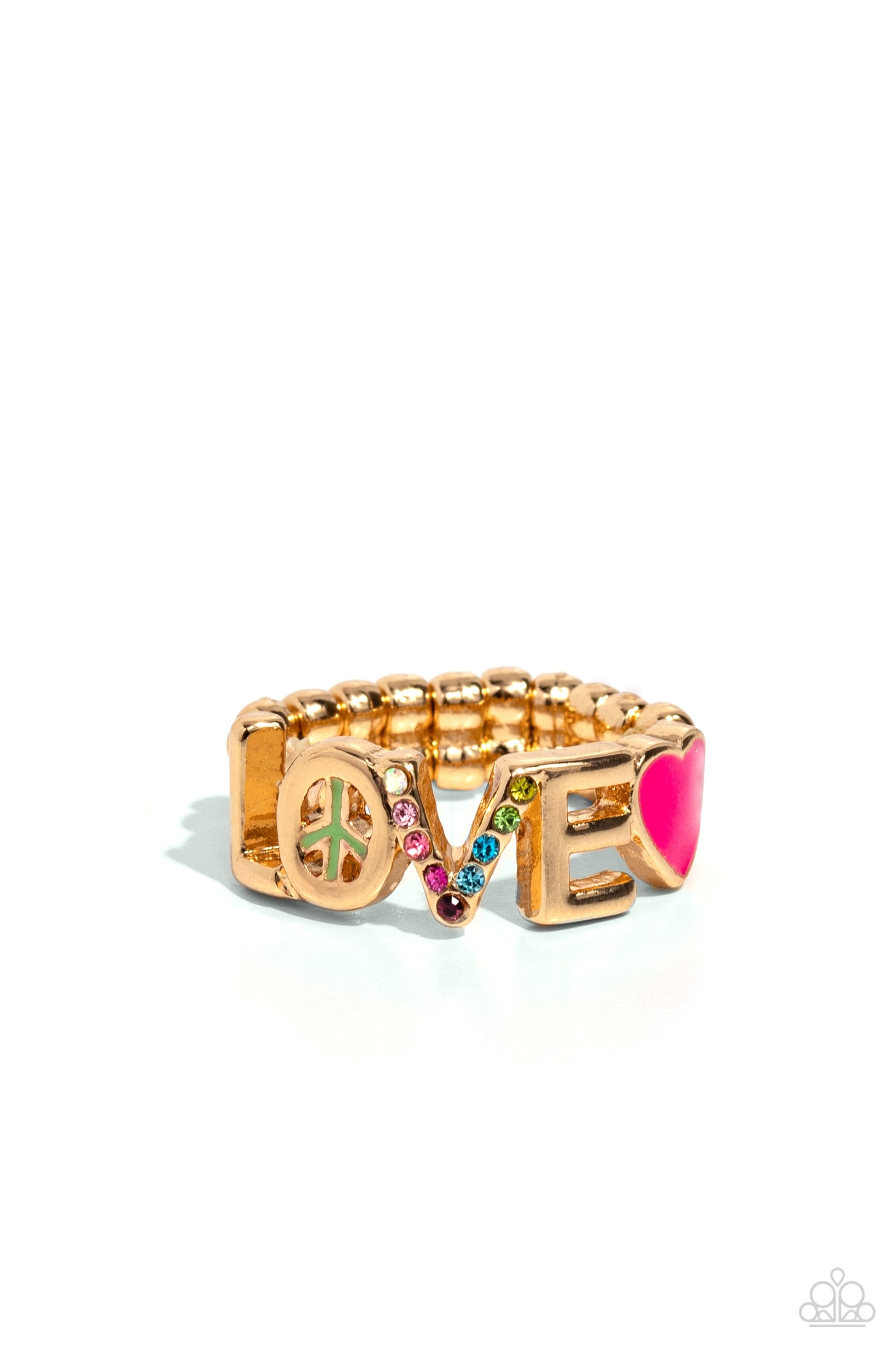 Unlimited Love - Gold Ring - Paparazzi Accessories - Glistening silver letters arc across the finger, forming the word "LOVE" for a causally romantic finish.