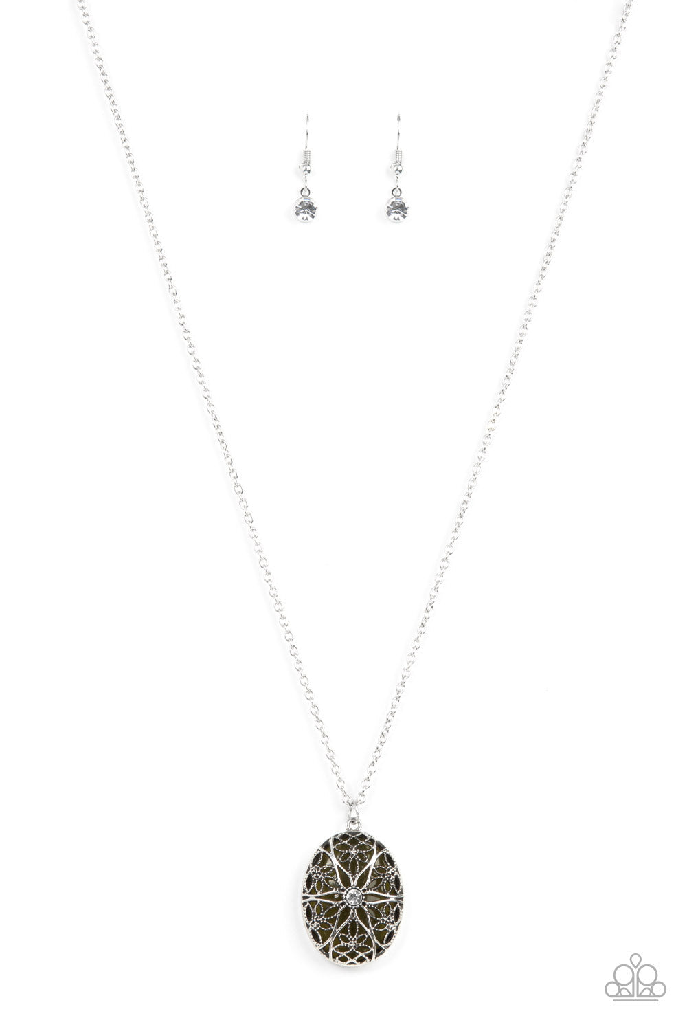 Venice Vacation - Green and Silver Necklace - Paparazzi Accessories - Dotted with a glitzy white rhinestone center, studded and smooth floral filigree detail blooms across the front of an oversized and Olive Branch cat's eye stone, resulting in a whimsical pendant at the bottom of a silver chain.