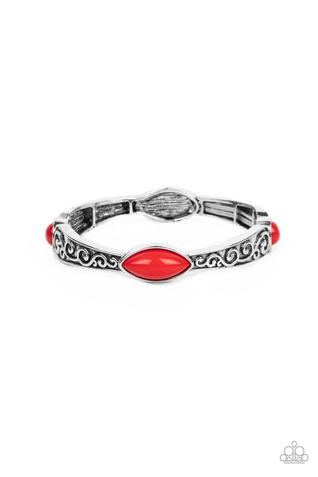 Veranda Variety - Red and Silver Bracelet - Paparazzi Accessories - Dotted with round and marquise red beads, antiqued silver frames that are embossed in a vine-like motif are threaded along stretchy bands around the wrist for a colorful pop of seasonal inspiration. Sold as an individual bracelet.