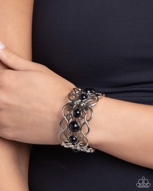 Very Versailles - Black and Silver Bracelet - Paparazzi Accessories - A trio of bubbly black beads adorn the centers of vine-like silver frames that are threaded along a stretchy band around the wrist, creating a whimsical centerpiece. 