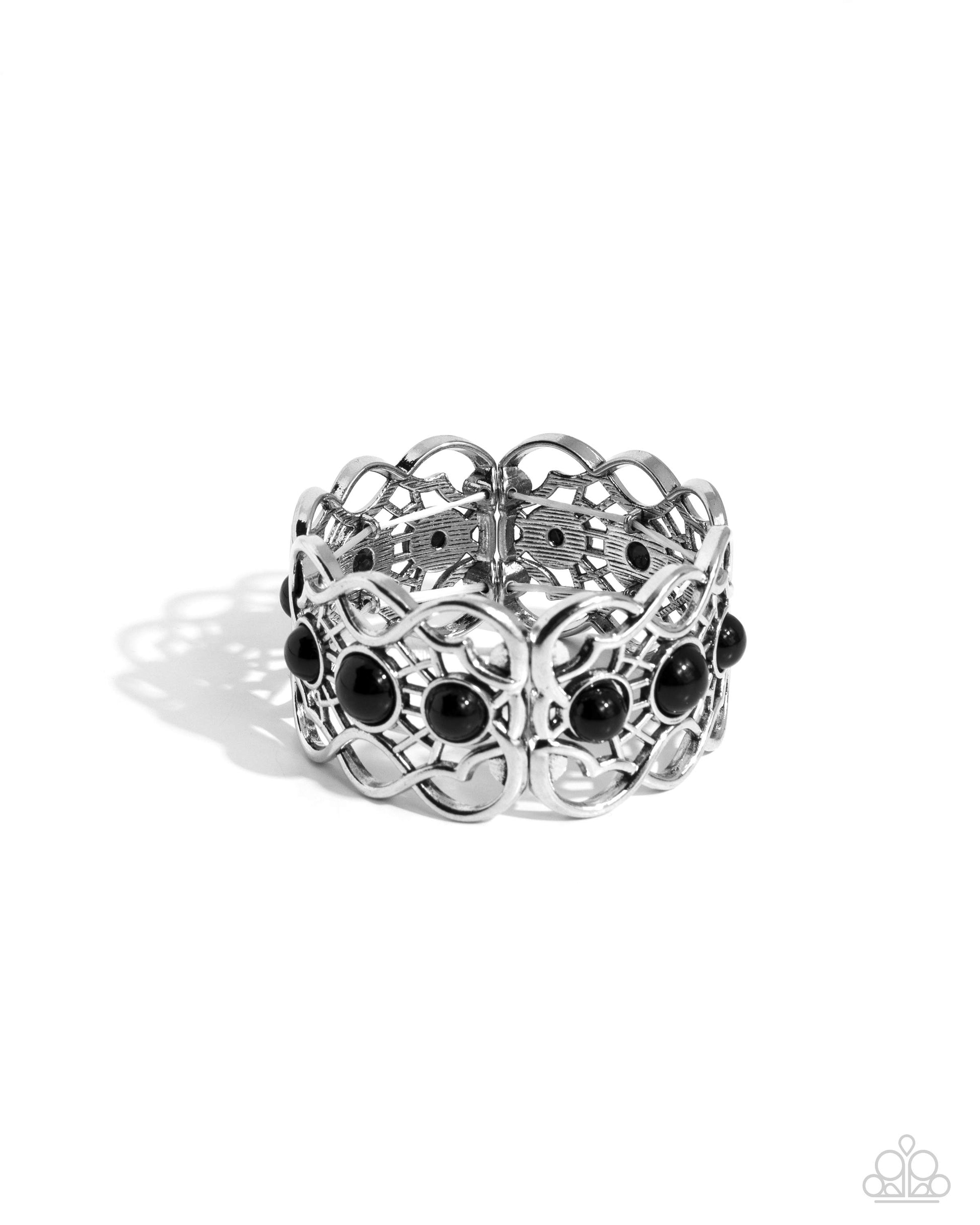 Very Versailles - Black and Silver Bracelet - Paparazzi Accessories - A trio of bubbly black beads adorn the centers of vine-like silver frames that are threaded along a stretchy band around the wrist, creating a whimsical centerpiece.