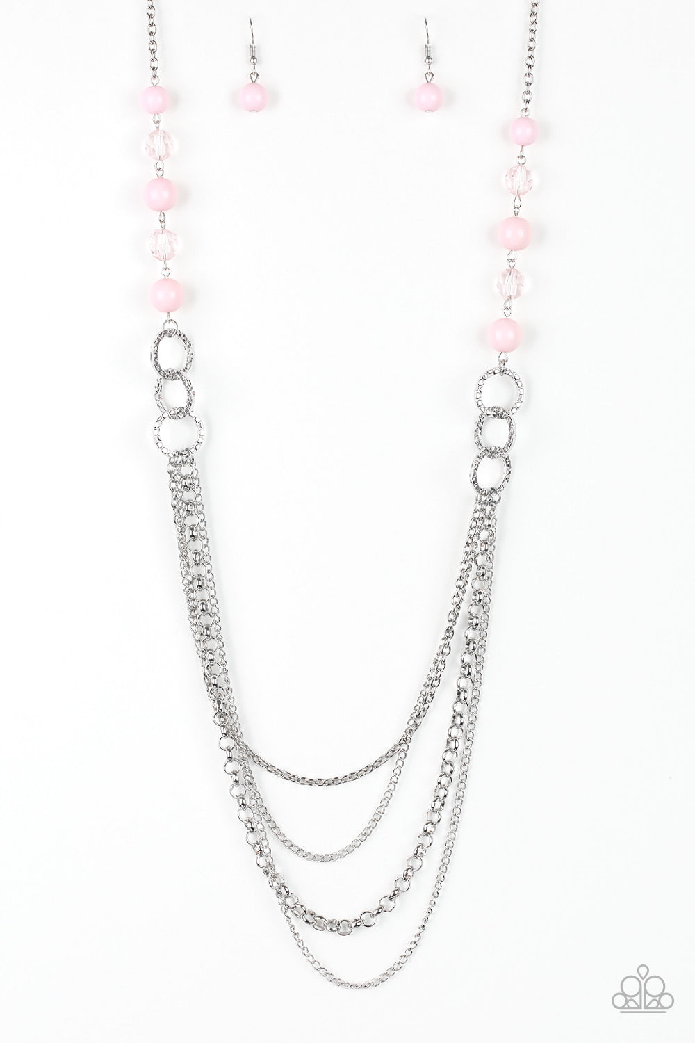 Vividly Vivid - Pink and Silver Necklace - Paprazzi Accessories - Polished pink, faceted crystal-like and delicately hammered silver hoops give way to mismatched silver chains down the chest for a whimsical look. Features an adjustable clasp closure. Sold as one individual necklace.