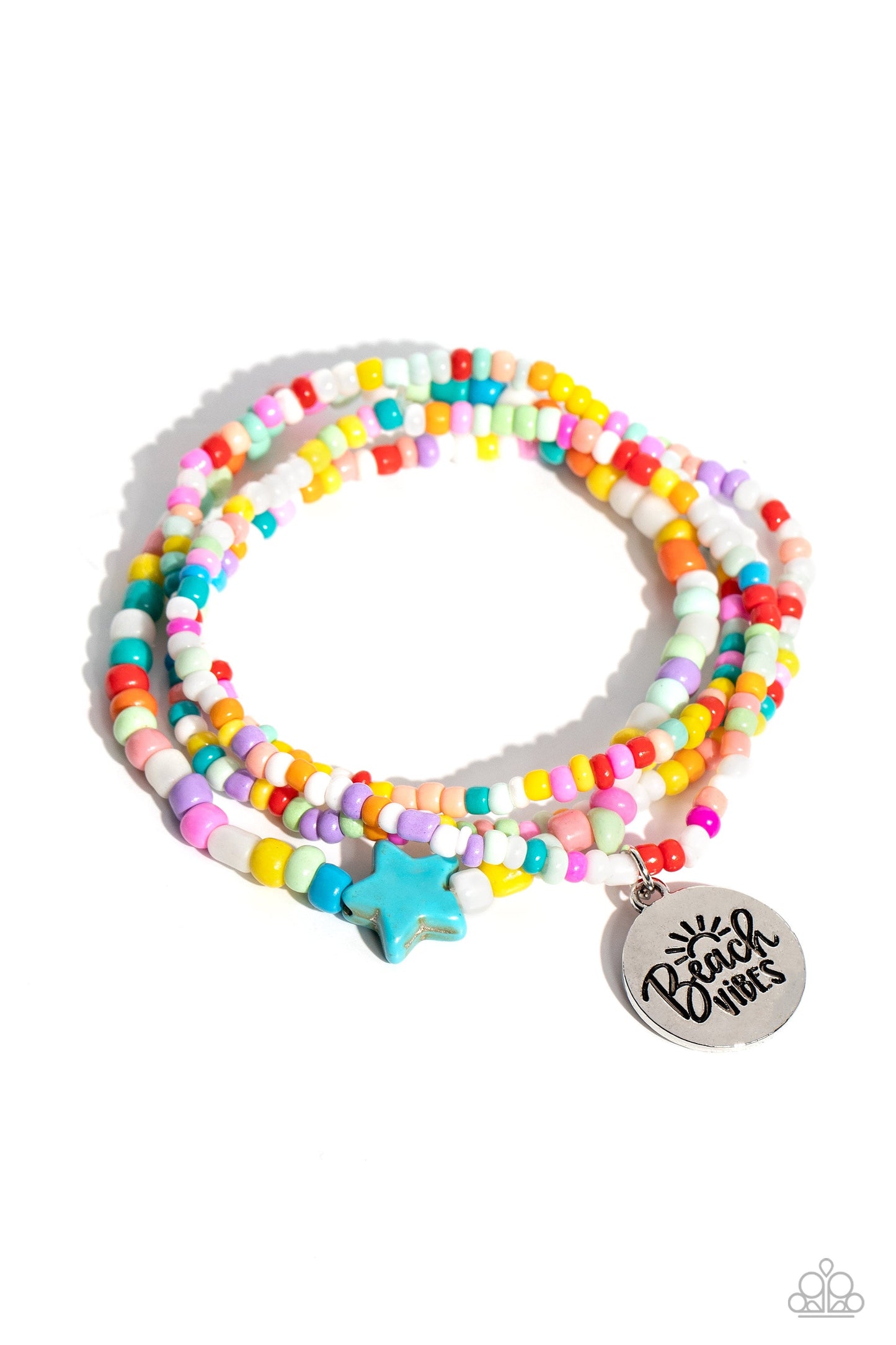Wave Riding - Multi Color Bracelet - Paparazzi Accessories - Multicolored seed beads wrap around the wrist on elastic stretchy bands for a vivacious pop of color. A turquoise stone star is infused on one of the strands, adding an earthy flourish to the design, while a silver disc stamped with a sun embellishment and the phrase "Beach Vibes".