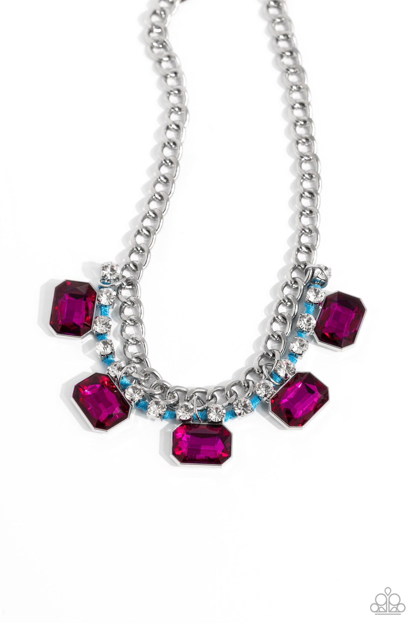 WEAVING Wonder - Blue and Pink Gem Necklace - Paparazzi Accessories - A strand of flat silver curb chain dramatically drapes across the chest for a bold industrial look. A row of faceted pink emerald-cut gems cascades from the bottom of a strand of glittery white rhinestones set in silver square fittings and ornately woven in turquoise cording for a modern look.