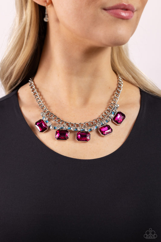 WEAVING Wonder - Blue and Pink Gem Necklace - Paparazzi Accessories - A strand of flat silver curb chain dramatically drapes across the chest for a bold industrial look. A row of faceted pink emerald-cut gems cascades from the bottom of a strand of glittery white rhinestones set in silver square fittings and ornately woven in turquoise cording for a modern look. 