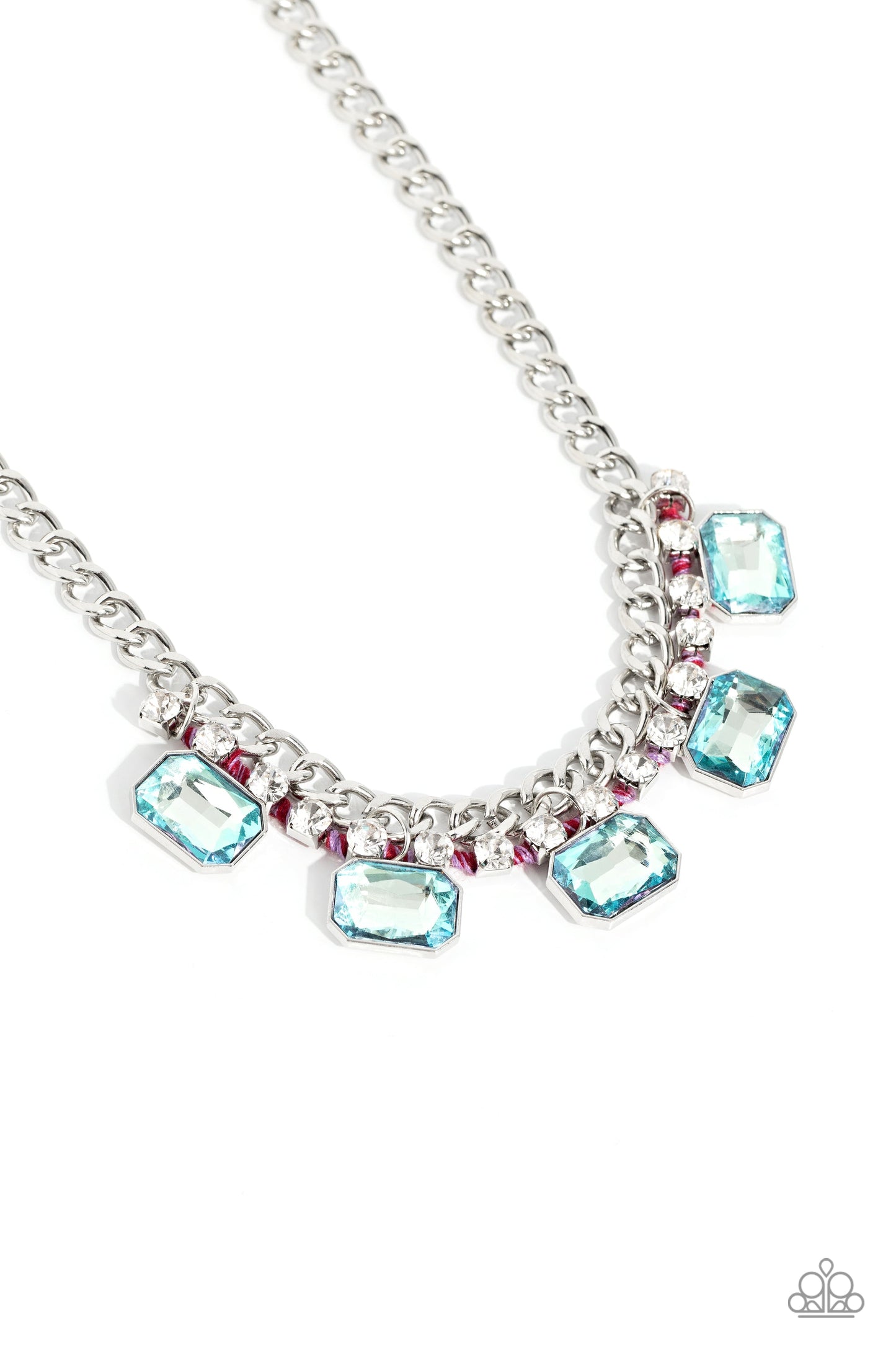 WEAVING Wonder - Multi Color Gem Necklace - Paparazzi Accessories - Brushed in a high-sheen finish, a strand of flat silver curb chain dramatically drapes across the chest for a bold industrial look. A row of faceted light blue emerald-cut gems cascade from the bottom of a strand of glittery white rhinestones set in silver square fittings and ornately woven in Viva Magenta and purple cording for a modern look.