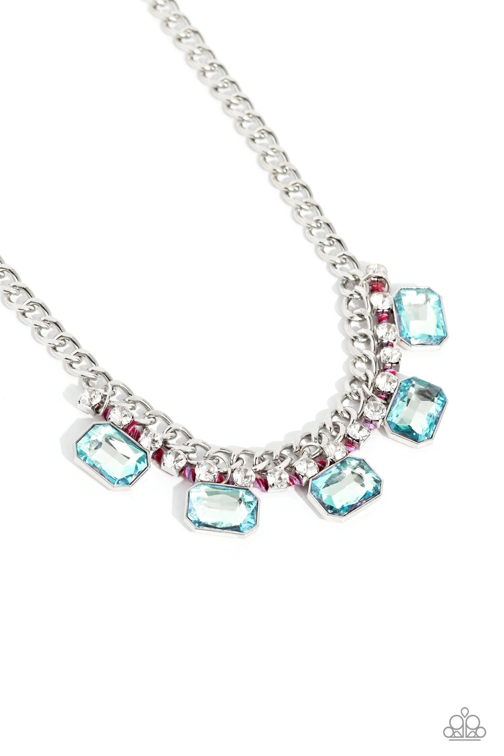 WEAVING Wonder - Multi Color Gem Necklace - Paparazzi Accessories - Brushed in a high-sheen finish, a strand of flat silver curb chain dramatically drapes across the chest for a bold industrial look. A row of faceted light blue emerald-cut gems cascade from the bottom of a strand of glittery white rhinestones set in silver square fittings and ornately woven in Viva Magenta and purple cording for a modern look.
